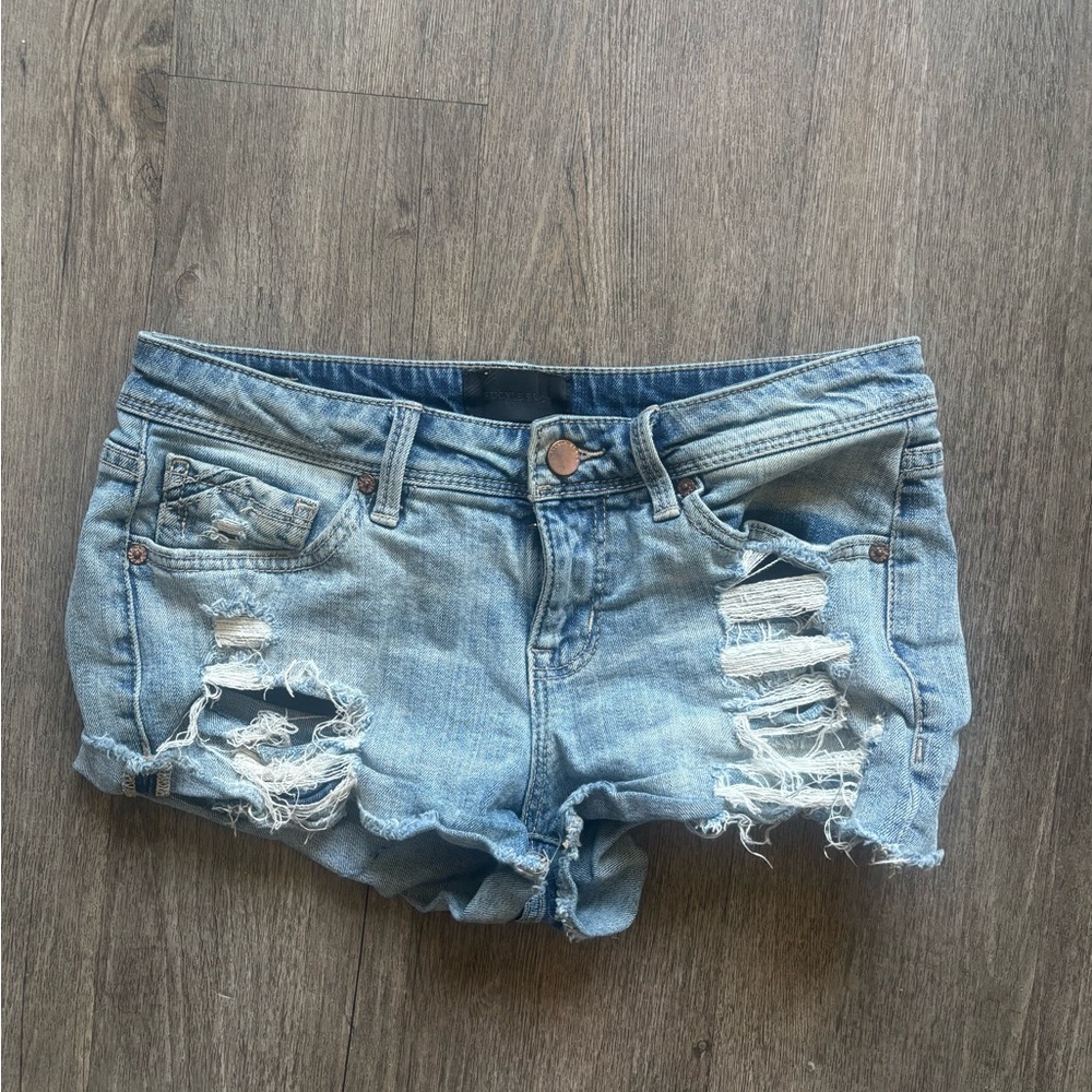 Blue Distressed Jean Shorts with Frayed Hem